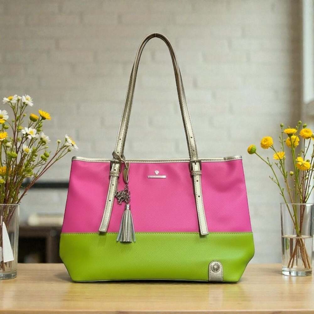 Spartina 449 Retreat Medium Tote Pink and Lime Green with Elephant Charm